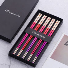 Load image into Gallery viewer, 10 Pairs Squre Stainless Steel Chopsticks Laser Engraving Patterns Food Sticks