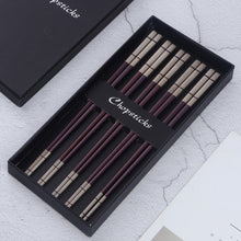 Load image into Gallery viewer, 10 Pairs Squre Stainless Steel Chopsticks Laser Engraving Patterns Food Sticks