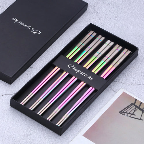10 Pairs Squre Stainless Steel Chopsticks Laser Engraving Patterns Food Sticks