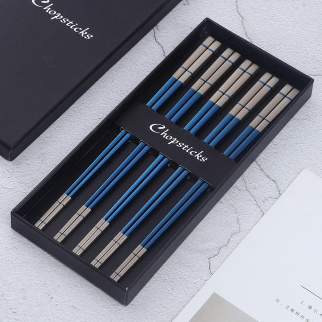 10 Pairs Squre Stainless Steel Chopsticks Laser Engraving Patterns Food Sticks