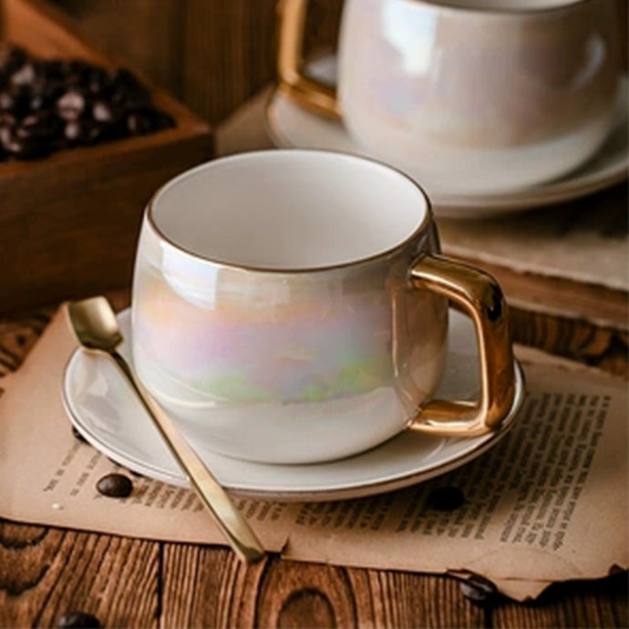 Aurora pearl glaze Ceramic Afternoon Black Tea Cups And Saucers With Spoon
