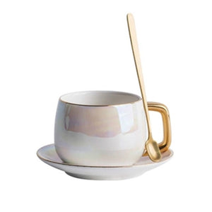Aurora pearl glaze Ceramic Afternoon Black Tea Cups And Saucers With Spoon